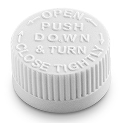 CHILD RESISTANT - TEXT STYLE CLOSURES - FOIL LINED - WHITE CAPS